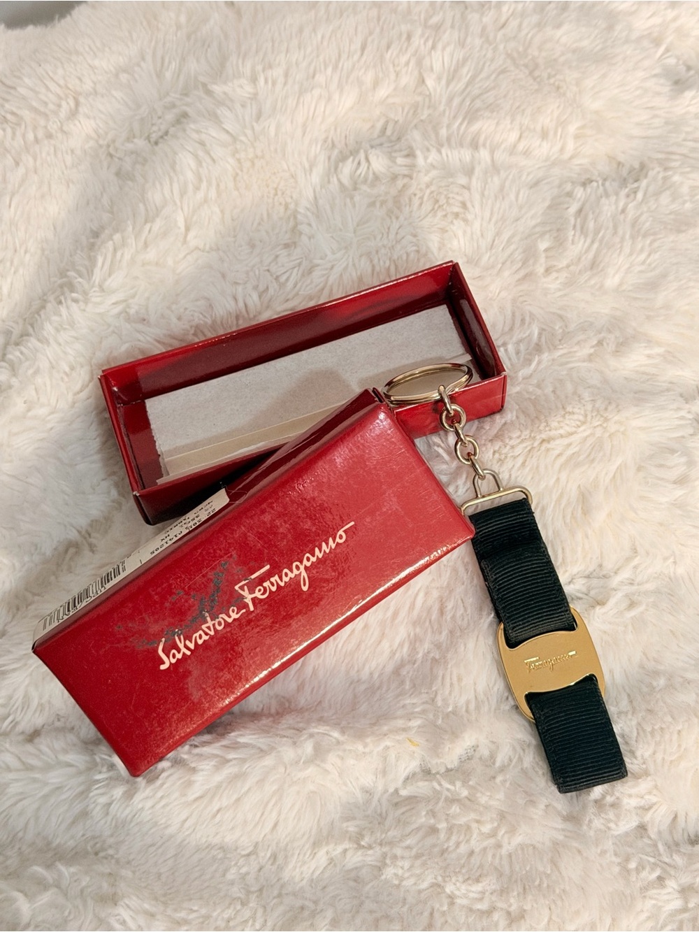Salvatore Ferragamo Black Grosgrain Key Fob with Gold Hardware and Red Box